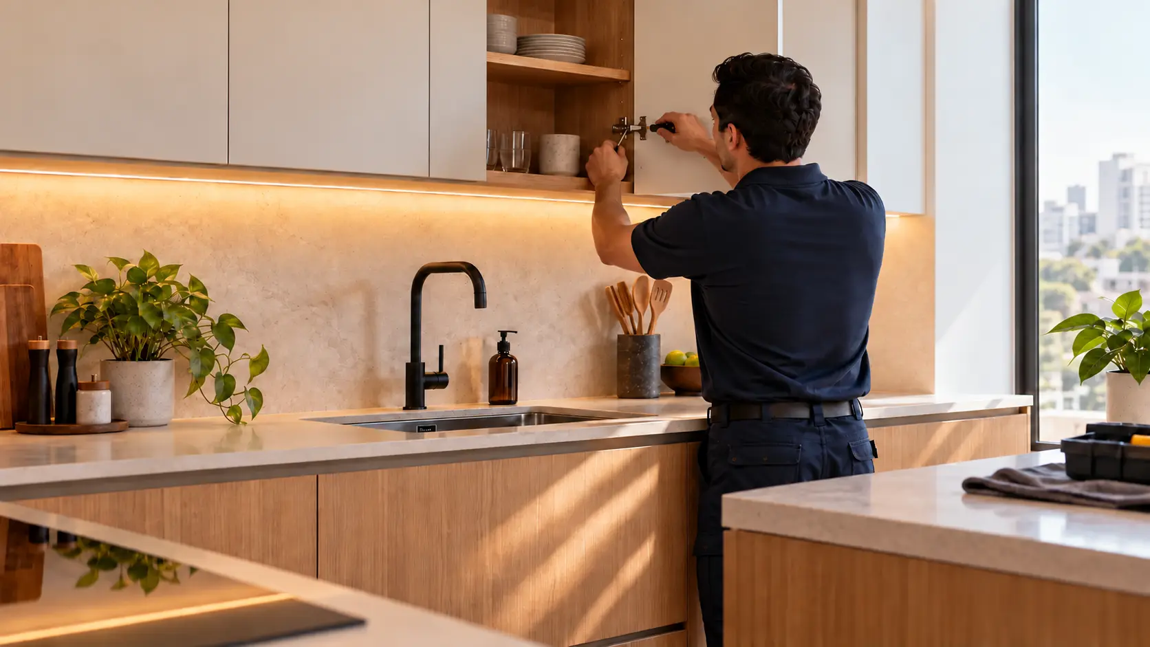 Técnico de HABITRA con el logo en la espalda ajustando un mueble de cocina