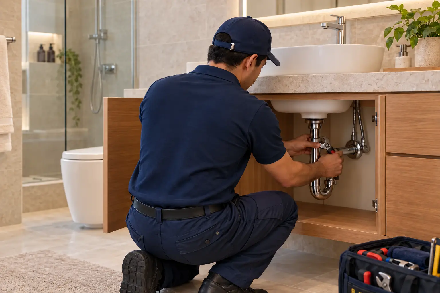 Técnico de HABITRA reparando las conexiones de un lavatorio